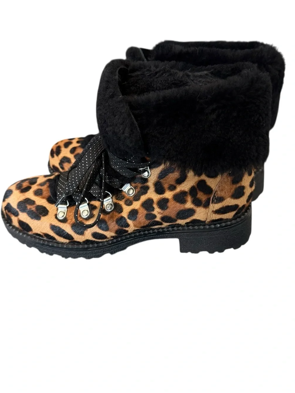 J. Crew Nordic Boots In Leopard Calf Fur Cuff Hiking Ankle Boots